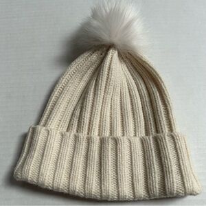 Athleta Knit Ribbed Winter Hat with Faux Fur Pom, Ivory Cream